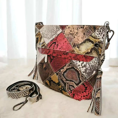 Real leather Snake Patchowrk Designer Women's Handbags Color Block Shoulder Bags New Roomy Genuine Leather Crossbody Bucket Bag