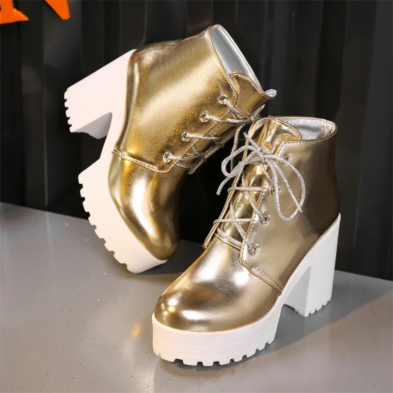 British Silver Gold Ankle Boots Women High Chunky Heels Dress Lady Round Toe Lace-up Spring Autumn Vintage Platform Short Boots