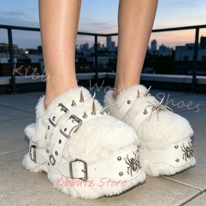 Furry Sandals Platform Rock Novelty Round Toe Thick Bottom Spicy Girl Shoes Punk Rivets Slipper Fashion Luxury Elegant Concise