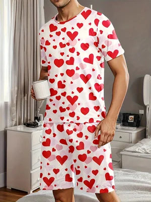 Men's pajama set with heart-shaped prints, comfortable summer clothing