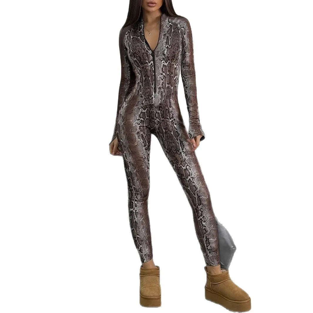 Women's Jumpsuit Snakeskin Print Bodysuit Long Sleeve Catsuit Sexy Bodycon Jumpsuit for Women Fashion Casual
