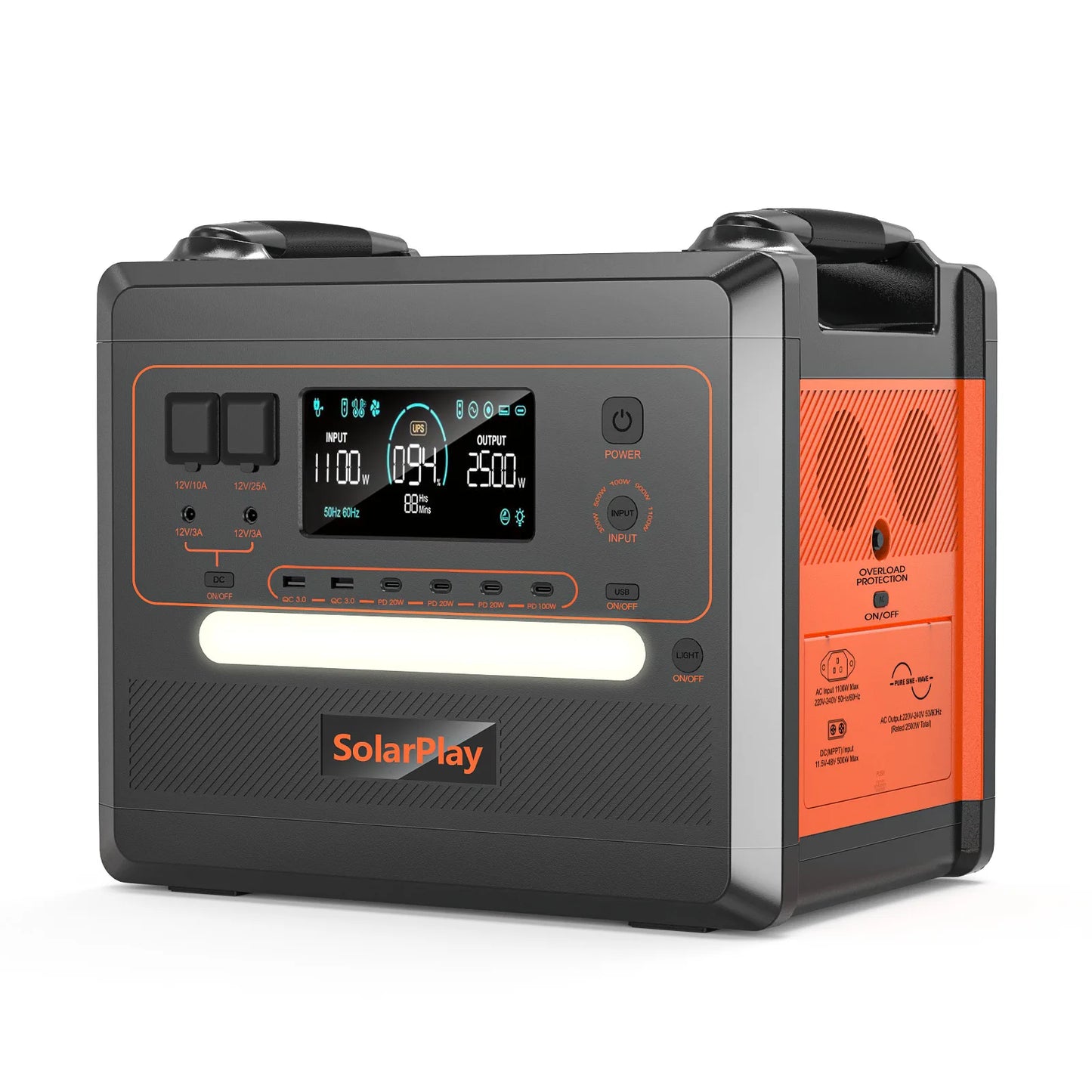 SOLARPLAY Q2402M Portable Energy Storage Power Station 2500W 2304Wh LiFePO4 Battery Support Foldable Solar Panel Charging Multi AC Output for Camping RV Home Off-Grid Power Supply
