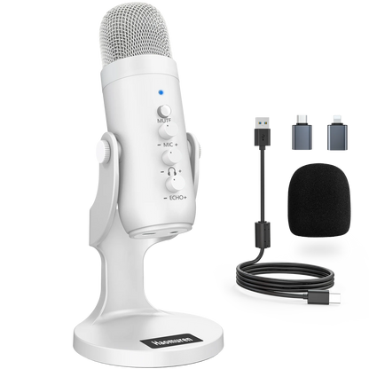 Professional White USB Condenser Microphone Studio Recording Mic for PC Computer Phone Gaming Streaming Podcast Vocals Youtube