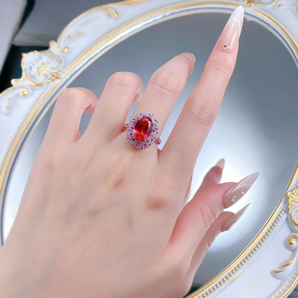 Wong Rain Luxury 925 Sterling Silver Oval Cut 8*12 MM Ruby High Carbon Diamond Gems Ring for Women Fine Jewelry Anniversary Gift