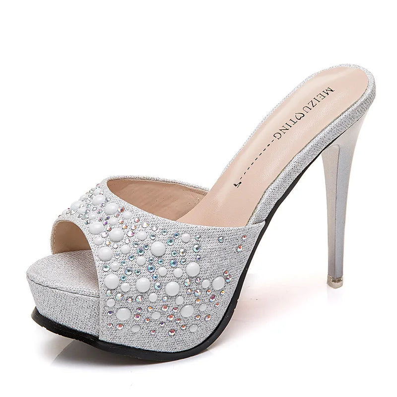 Women Crystal Slippers 2024 New Fashion Platform 12CM Thin High Heels Designer Slides Sandals Luxury Rhinestones Summer Shoes