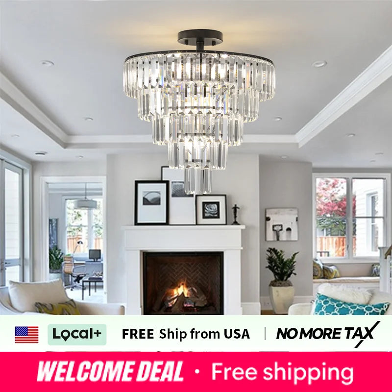 20" Black Crystal Chandelier Ceiling Light, Modern Luxury 10-Light Flush Mount Light Fixture, Elegant Home Lighting
