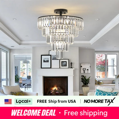 20" Black Crystal Chandelier Ceiling Light, Modern Luxury 10-Light Flush Mount Light Fixture, Elegant Home Lighting
