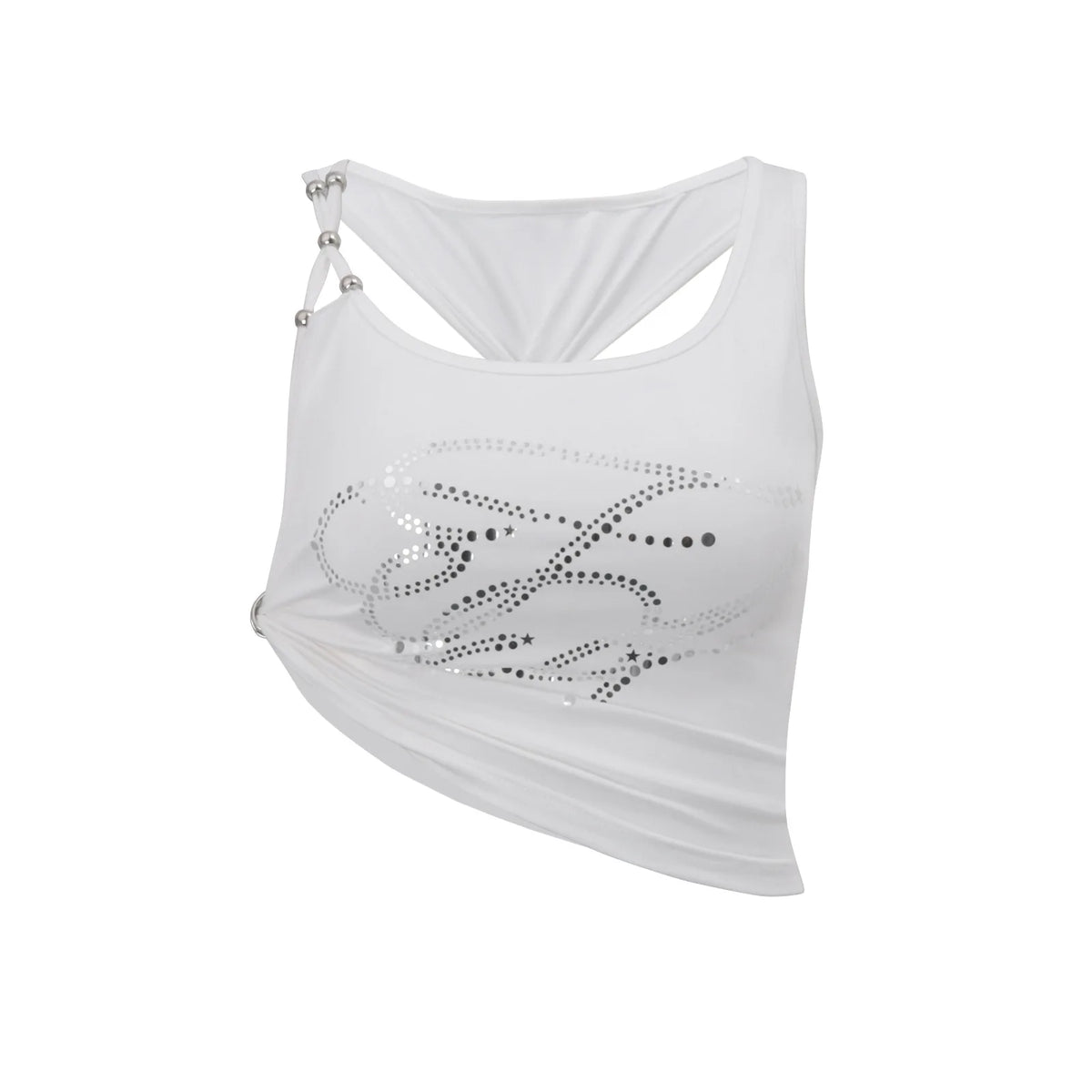 White Side Tie Beaded Straps Crop Tank Top Y2K Sexy Sleeveless Back Tie Asymmetric Print Going Out Tops Women's Summer 2026