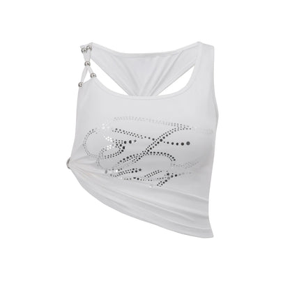 White Side Tie Beaded Straps Crop Tank Top Y2K Sexy Sleeveless Back Tie Asymmetric Print Going Out Tops Women's Summer 2026