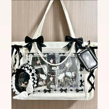 New Japanese Cute Sweet Ribbon Ita Bag Lolita Girls Transparent Handbags Fashion Large Capacity Tote Bag Aesthetic Shoulder Bags