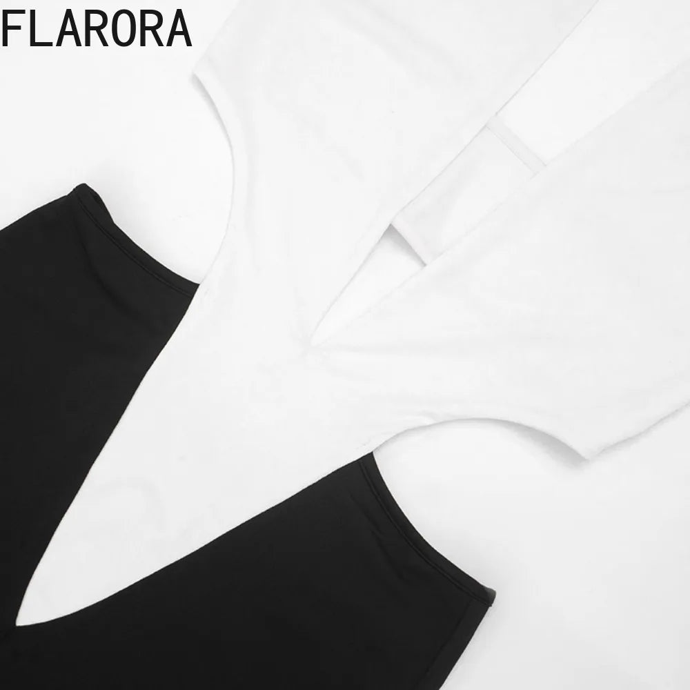 FLARORA Sexy Halter Hollow Out Jumpsuits Woman Color Blocking V-Neck Sleeveless Backless Skinny Midnight Party Clubwear Overalls