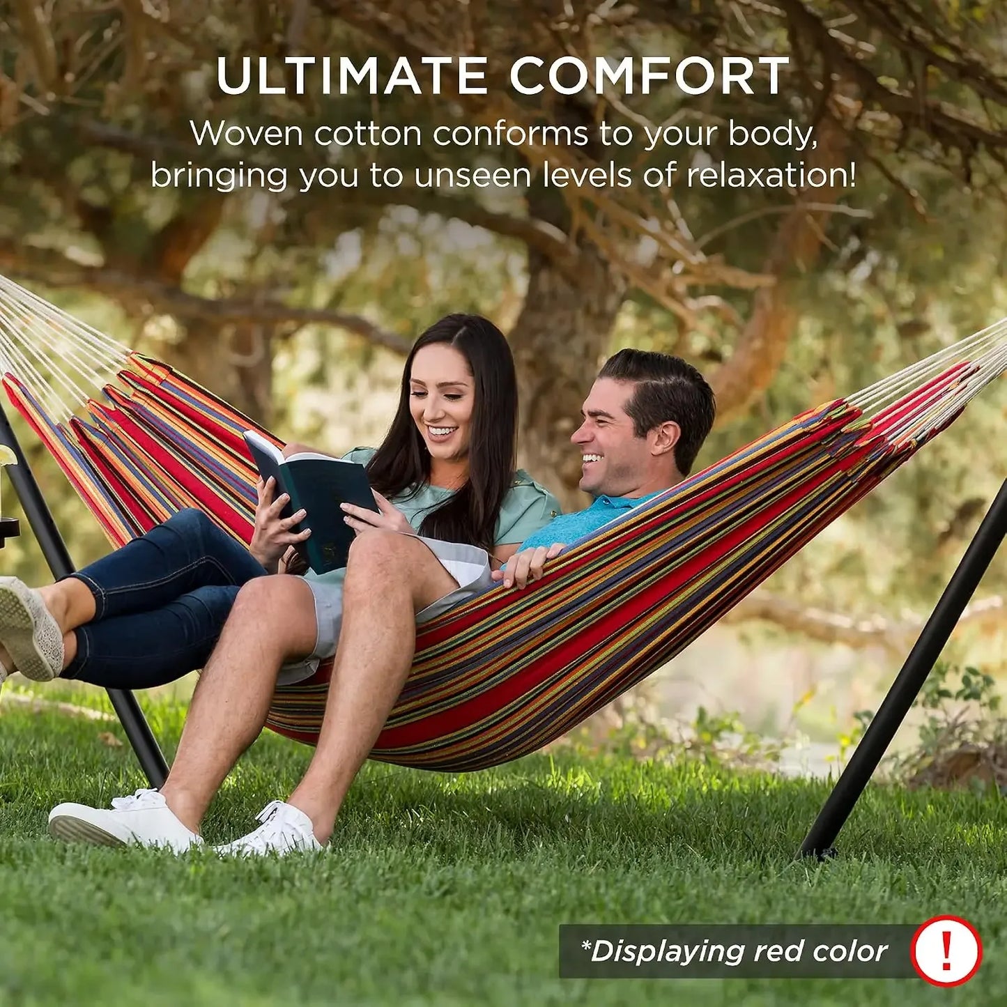 Double Hammock with Steel Stand, 2-Person, 450lbs, Cotton, Indoor Outdoor, Portable