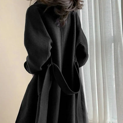 Winter Trench Coat For Women 2026 New Fashion Korean Casual Wool Coat Navy Blue Lace-up Long Jacket Black Woman Coat With Blet