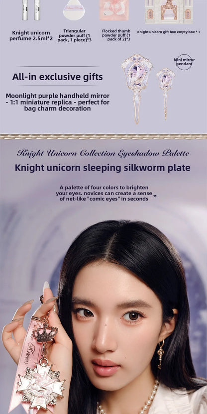 FLOWER KNOWS Knight Unicorn All-in-One Makeup Set Shimmer Eyeshadow,Mirror Lip Gloss Blush,Setting Powder Mirror Cosmetics Kit