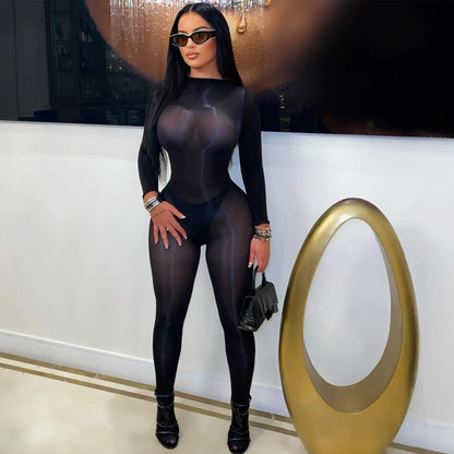 Women Sexy See Through Silky Glossy High Stretchy Seamless Skinny Jumpsuit O-neck Long Sleeve Tight Stockings Overalls pantyhose