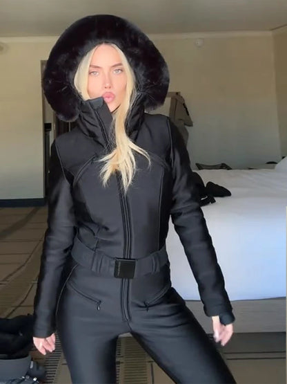 Chic Hooded One Piece Women's Winter Ski Suits Belt Stand Collar High Waist Pockets Overall Jumpsuits 2026 New Lady Warm Skiwear