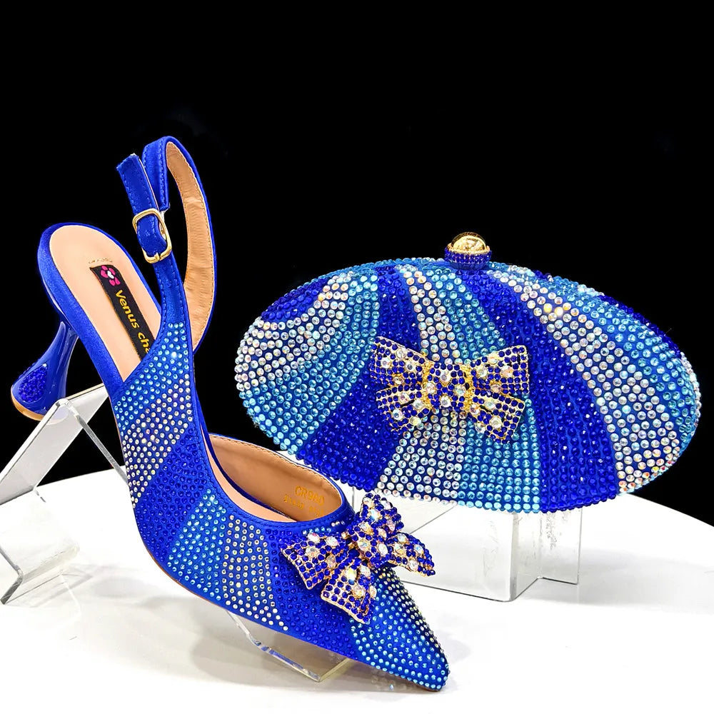 Venus Chan Green Color Pointed-Toe High Women Heels Shoes and Bags for Women Rhinestone Evening Party Elegant Luxury Handbag