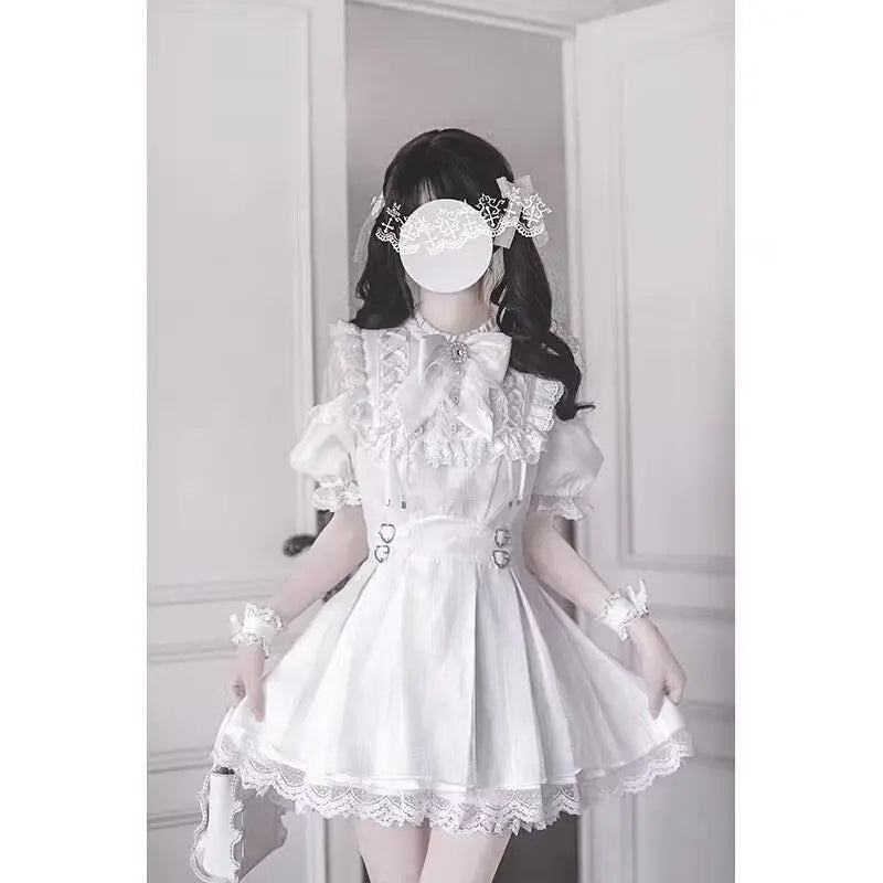 Summer Japanese Dark Goth Academy Style Dress Women's Bow Lace Off Shoulder Plaid Dress Y2K Harajuku Jirai Kei Dress Yami Kawaii