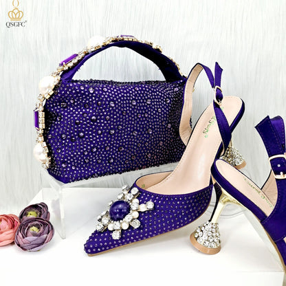 QSGFC 2026 New Fashion Purple Sandals Sequins Rhinestone Point Toe High Heels Slingback Women's Dress Women's Shoes & Bag Set