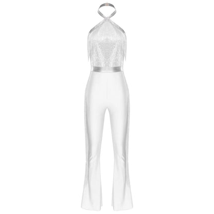 70s 80s Disco Costume Women's Streetwear Jumpsuit Shiny Clubwear Flared Long Pants Rompers Flares Metallic Hippie Party Outfit