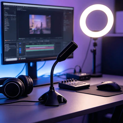 USB Gaming Microphone for PC Condenser Podcast Mic with Headphone Jack LED Noise Cancellation Studio Recording Mic