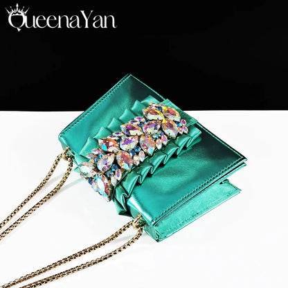 Queena Yan New Arrival Mature Elegant Silver Color Rhinestore Design Party Wedding Lady Shoes and Bag Set for Platform Design