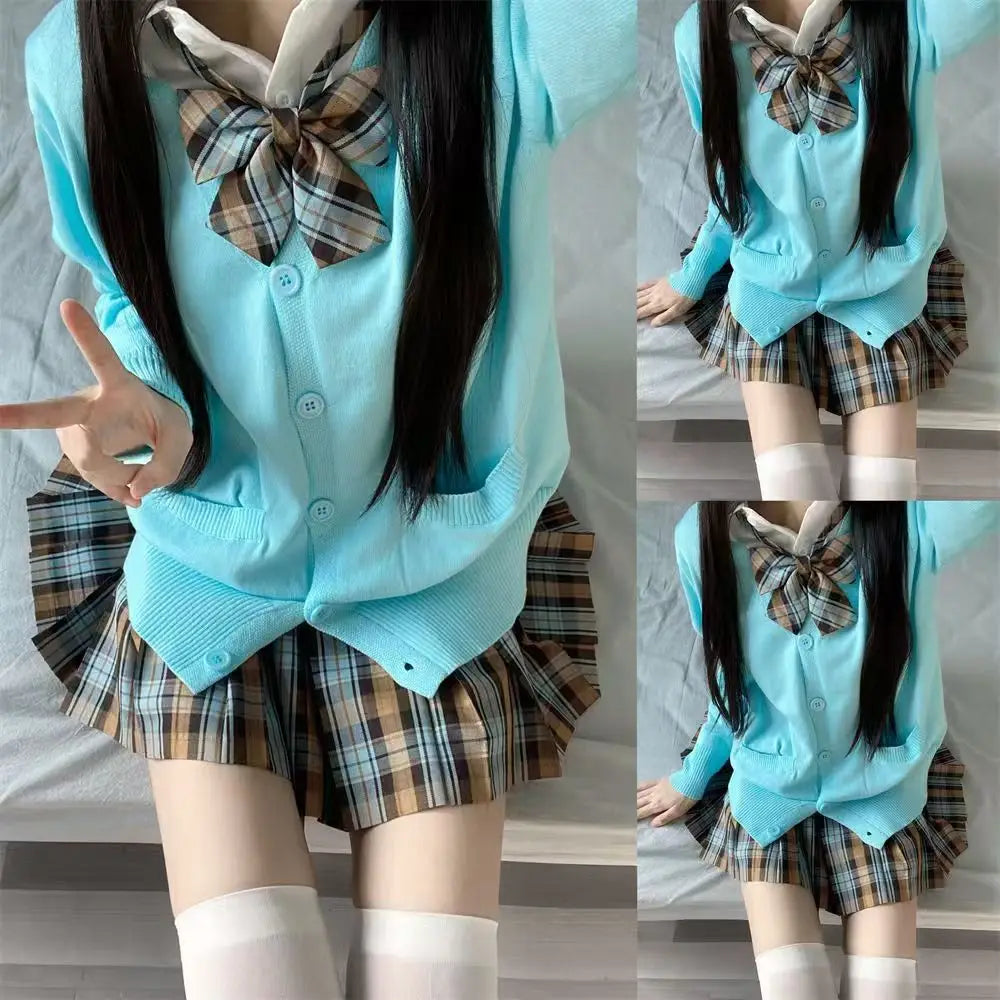 3Pc Set Japanese Korean School Uniforms Multicolor Sweater&Plaid Pleat Skirt with Bow Jk Uniform Suit Graduation Costumes Women