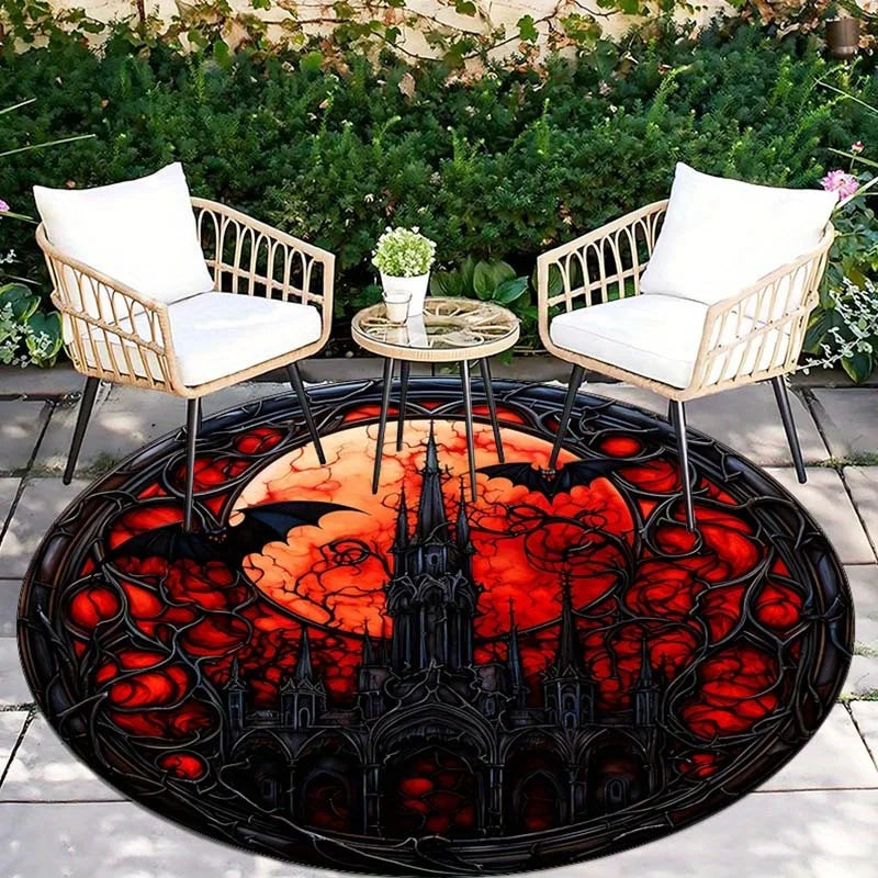 Gothic castle red moon bats round rug Halloween horror theme dark fantasy decor spooky home decoration stainedglassstylefloormat