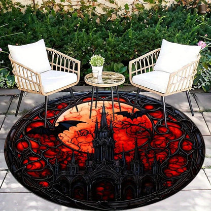 Gothic castle red moon bats round rug Halloween horror theme dark fantasy decor spooky home decoration stainedglassstylefloormat