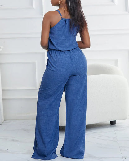 Women's Blue Denim Look Jumpsuit Spaghetti Straps Waist Tie Ideal for Casual Outings Summer Vacations Effortless Chic Styles