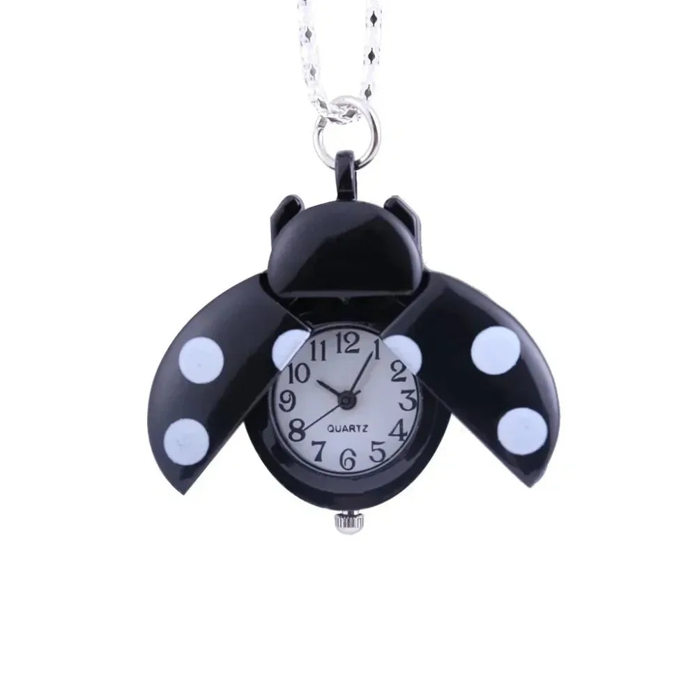 Fashion Small Golden Beetle Pocket Watchs, Cute New Adult Children Ladybug Watch,with Chain Lightweight Necklace Pendant Clock