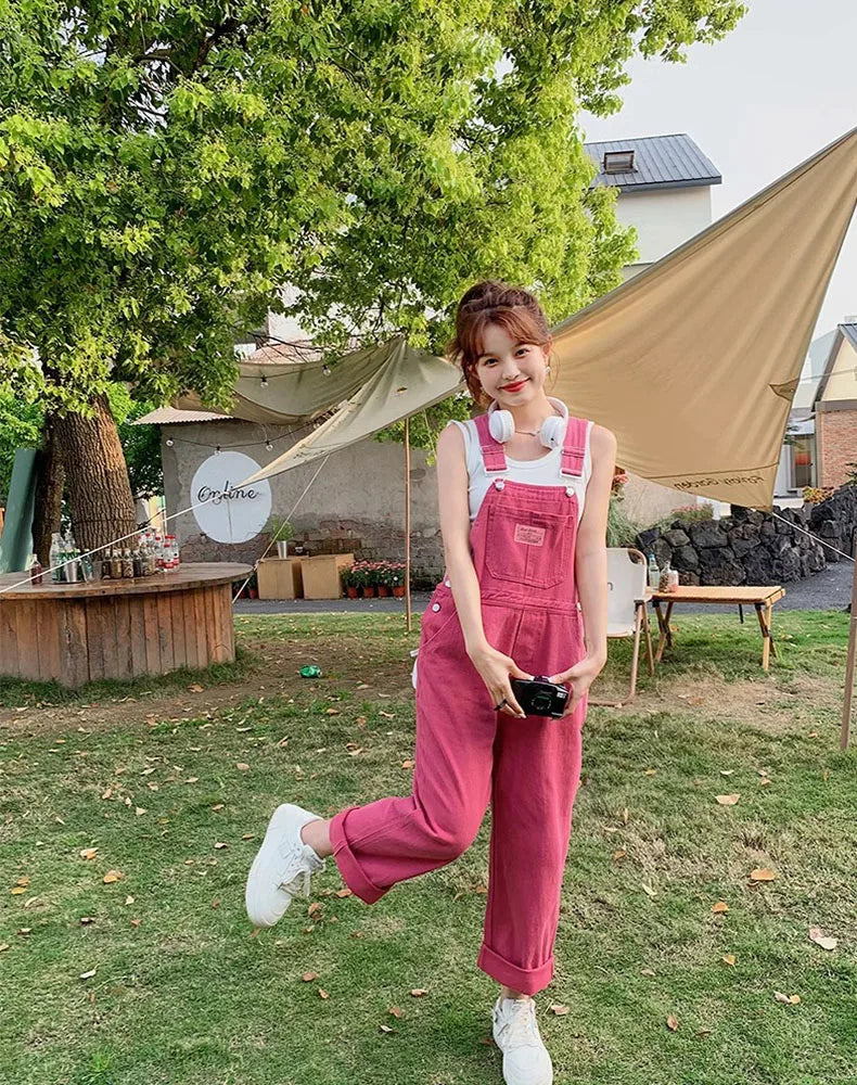 Vintage Pink Denim Overalls Adjustable Strap Wide Leg Jumpsuit Y2K Cute Campus Casual Pants