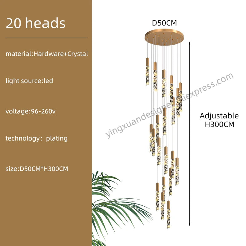 Crystal Staircase Pendant Lamp Modern Gold Lighting Fixture Ceiling Hang Pendant Light Luster Indoor Villa Loft Stair Chandelier