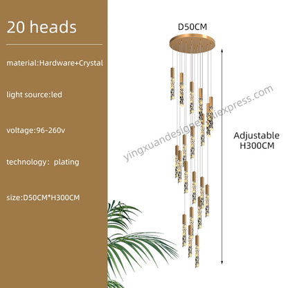Crystal Staircase Pendant Lamp Modern Gold Lighting Fixture Ceiling Hang Pendant Light Luster Indoor Villa Loft Stair Chandelier