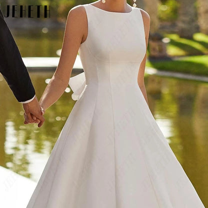 JEHETH Simple A Line Wedding Dresses 2026 New Scoop Neck Backless Bridal Gown For Women Court Train Customized Bride Dress