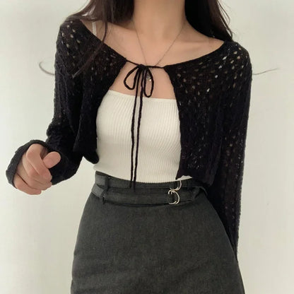 Women Tie Front Crop Cardigan Sheer Openwork Crochet Knit Top Lightweight Bolero Sweater Summer Fairycore Boho Chic Beach Outfit