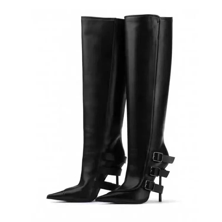 New Belt Buckle Stiletto High Heels Knee Length Boots Autumn/Winter Women's Fashion Pointed Party 34-46 Large Medium Boots