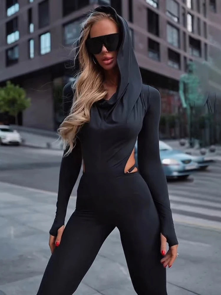 Nibber Backless Hooded Jumpsuits Women Long Sleeve Peach Buttock Slit Solid Skinny Elasticity Autumn Trend Sexy Street Outfits