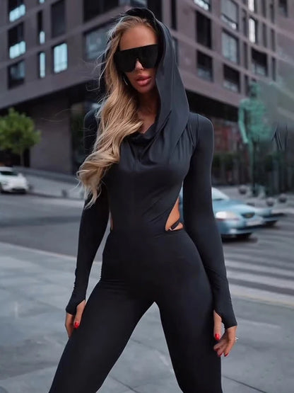 Nibber Backless Hooded Jumpsuits Women Long Sleeve Peach Buttock Slit Solid Skinny Elasticity Autumn Trend Sexy Street Outfits
