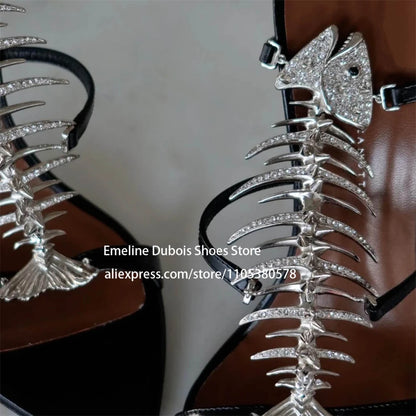 Fish Bone Sandals Rhinestone Slingback High Heels Pointed Toe Stiletto Pumps for Party Evening Sexy Women Summer Shoes Plus Size