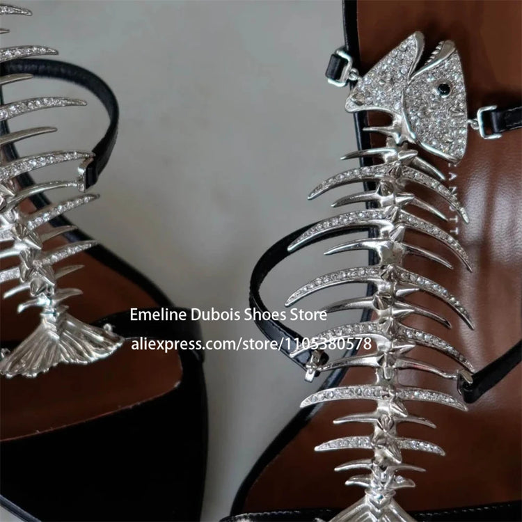 Fish Bone Sandals Rhinestone Slingback High Heels Pointed Toe Stiletto Pumps for Party Evening Sexy Women Summer Shoes Plus Size