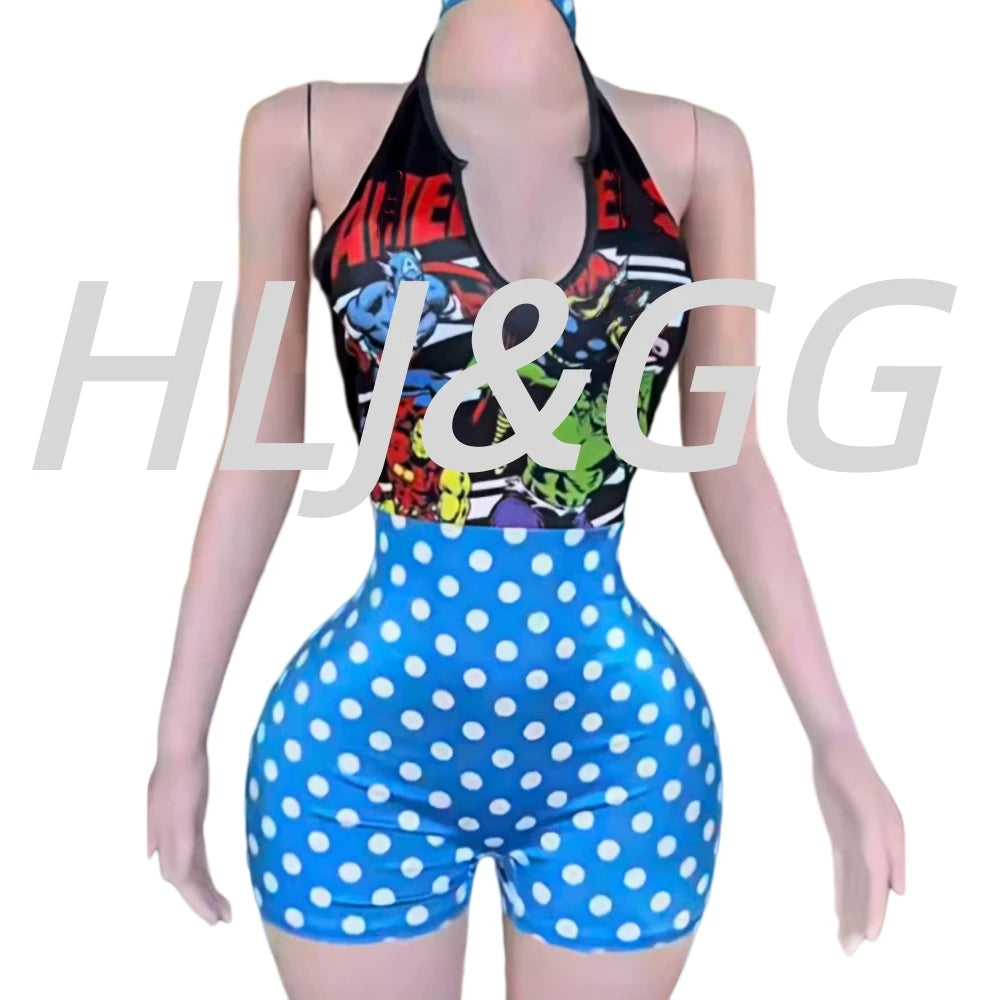 HLJ&GG Sexy Pattern Print Halter Bodycon One Piece Rompers Women Deep V Sleeveless Backless Slim Jumpsuits Fashion Trend Overall