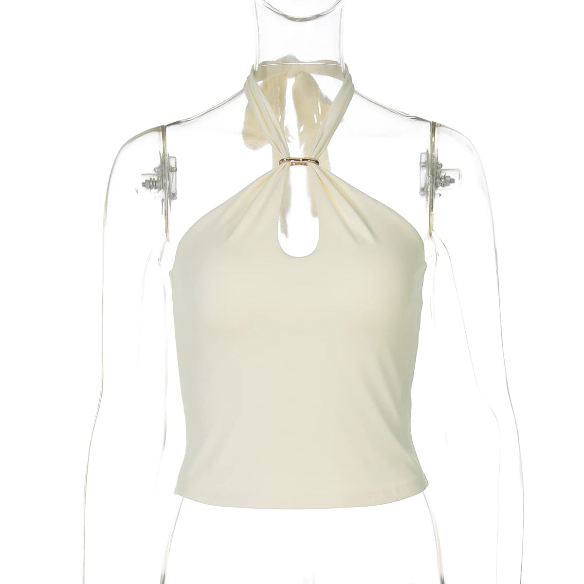 Hugcitar Women Fashion Halter Solid Loop Backless Bandage Sexy Crop Tank Top 2025 Summer Casual Clothes Streetwear Vacation Club