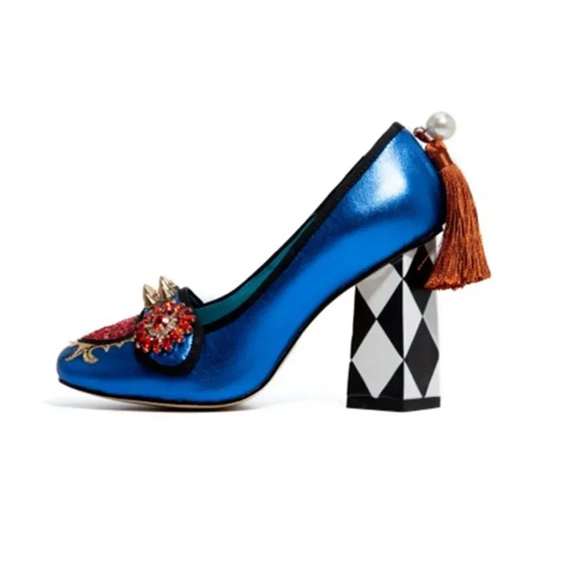 royal red heart crystal rivets Studs Pumps back pearl with tassel rhombus Square Heel Women Slip On mary jane Shoes