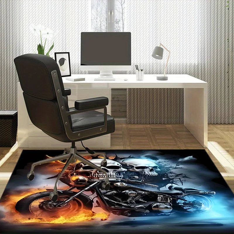 Skull Motorcycle Rug for Gaming Room Cool Biker DecorLarge Size Floor Mat with Fire Effect Unique Gift IdeaSkid resistant carpet