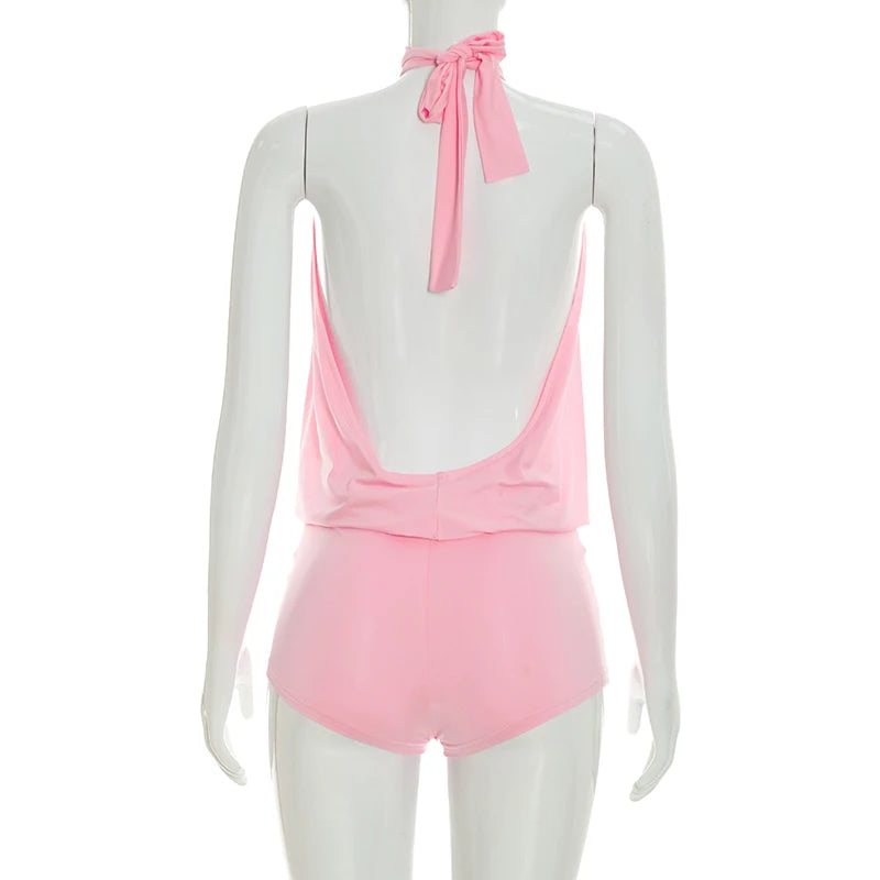 Spicy girl style fashionable hanging neck tie pleated backless slim fit jumpsuit shorts