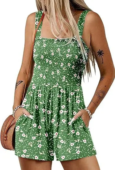 Femmes Print Jumpsuit Fashion Boho Beach Party Jumpsuits Lady Casual Sleeveless Pockets High Waist Shorts Jumpsuits Summer New