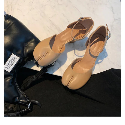 Modern Heels Pumps Women Round High Heel Leather Square Split Toe Pumps Shoes Spring Summer Sandals Mary Janes Shoes Heels Women