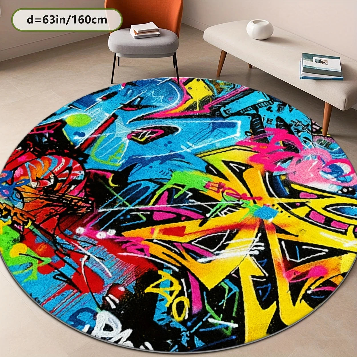 Hip Hop Street Graffiti Art Printed Round Carpet, Modern Cool Urban Style Anti-slip Rug for Entryway Lounge Bedroom Floor Decor