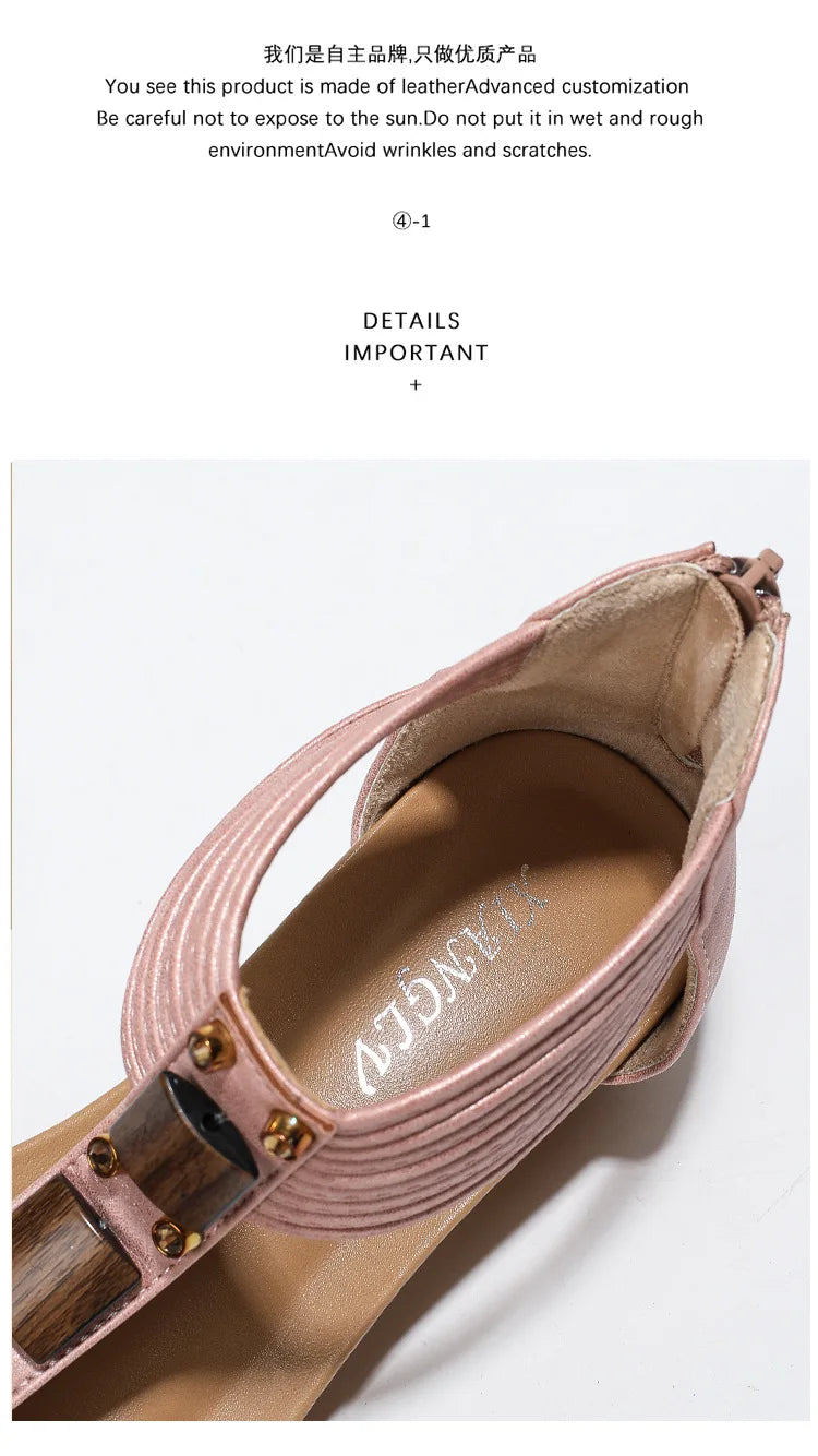 High quality leather flat sandals for women 5cm mid heel beading summer 2026 36 43 open toe casual vintage shoe pink white beige